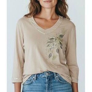 Artisans Apparel Beige V-Neck 3/4 Sleeve Embellished Floral Top Plus Size XXL